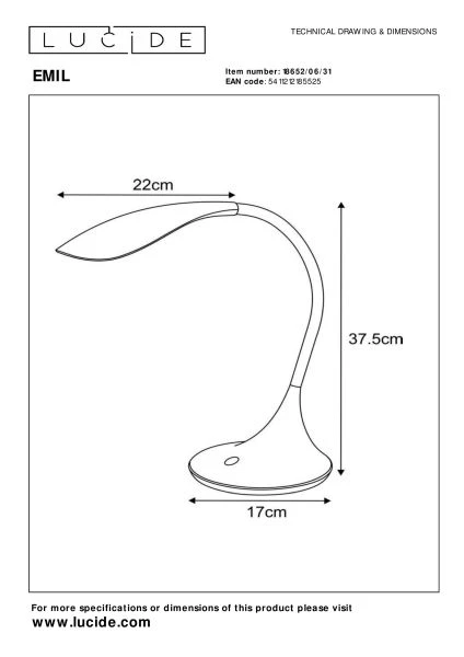 Lucide EMIL - Lampe de bureau - LED Dim. - 1x4,5W 3000K - Blanc - technique